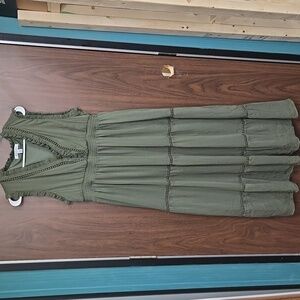 Cristina B Size L Olive Green Maxi Ruffle Tiered Boho Prairie Sleeveless Dress